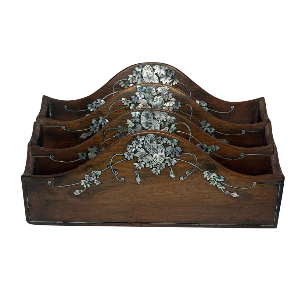 Vintage Vietnamese Inlay Mother of Pearl Mahogany Letter Rack Desk Organizer